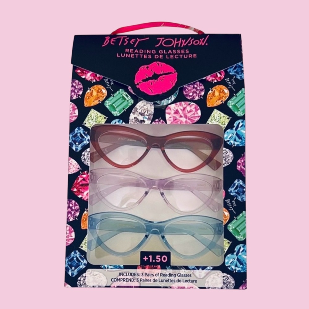🩷👓BETSEY JOHNSON 3 Pack Cat Eye Readers Translucent, +1.50 Strength Retro Chic